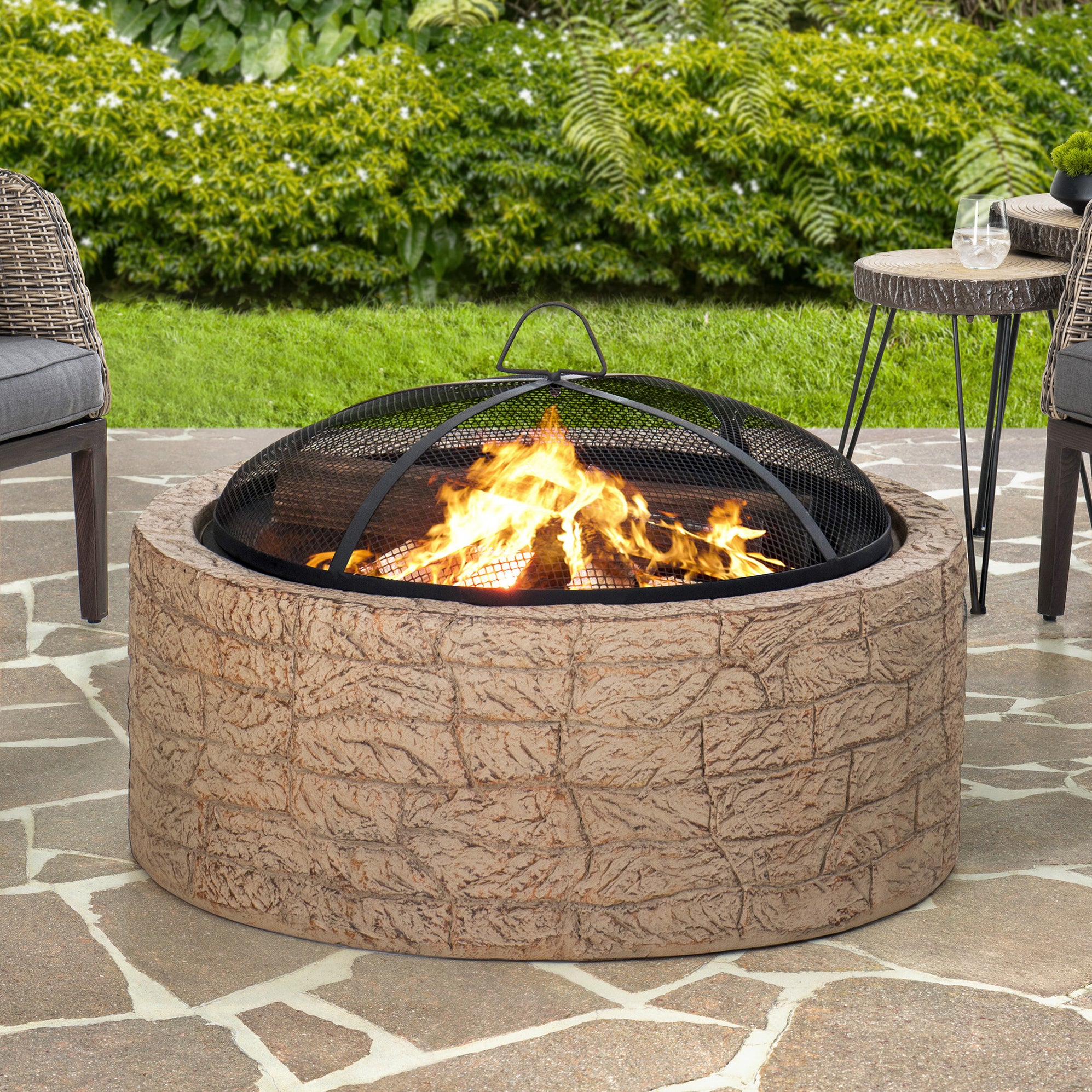 Buy Sunjoy Stone 26 in. Round Wood Burning Firepit, Khaki — Garage ...